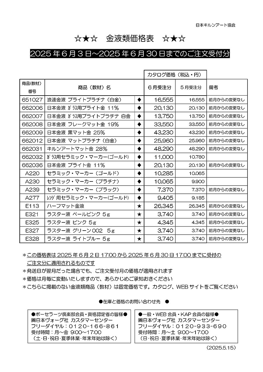 金液類価格表2025年6月分（5/1ご注文受付分～）