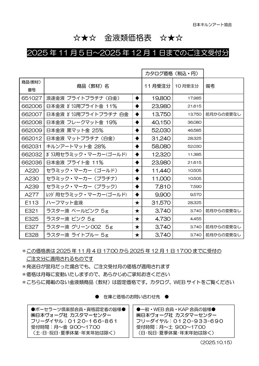 金液類価格表2025年11月分(11/5ご注文受付分~)