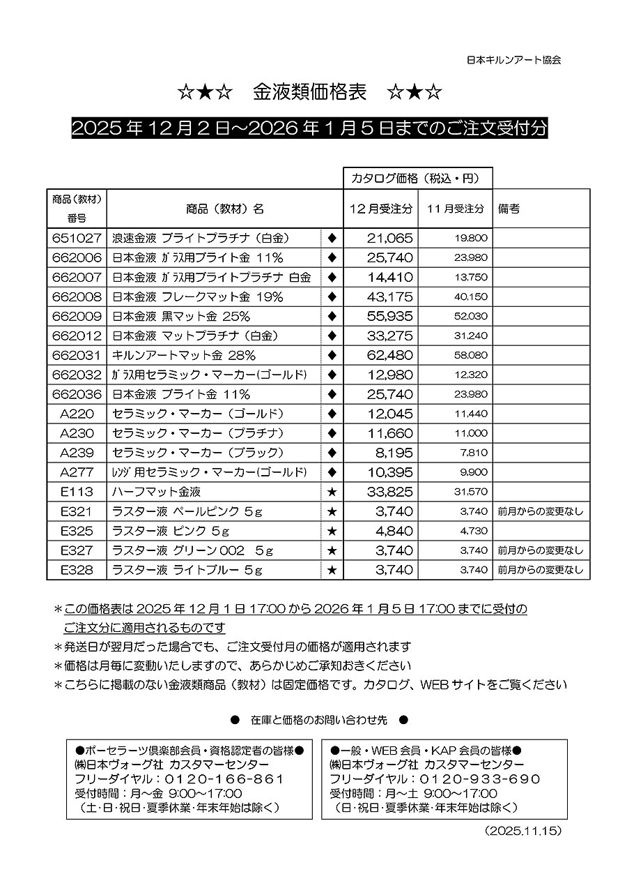 金液類価格表2025年12月分（12/2ご注文受付分～）