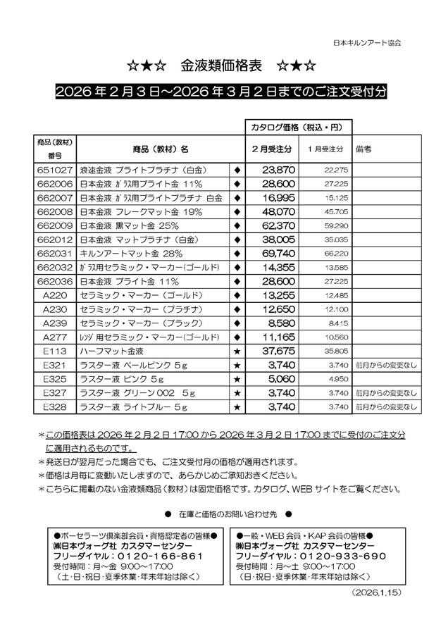 金液類価格表2025年12月分（12/2ご注文受付分～）