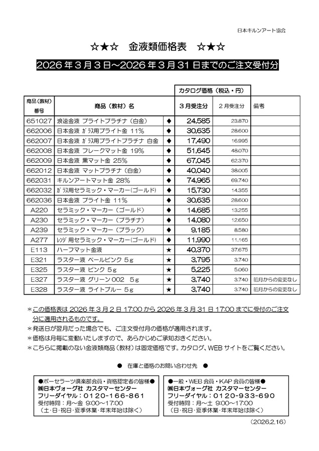 金液類価格表2026年3月分（3/3分ご注文受付より）